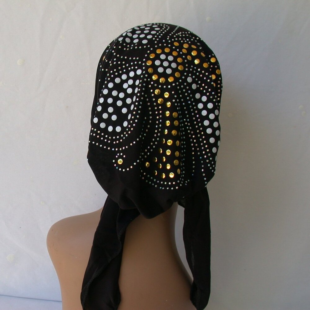 BLACK Pre-Tied Stud Chemo Cap Slip On Bonnet Hijab Undercap # 2